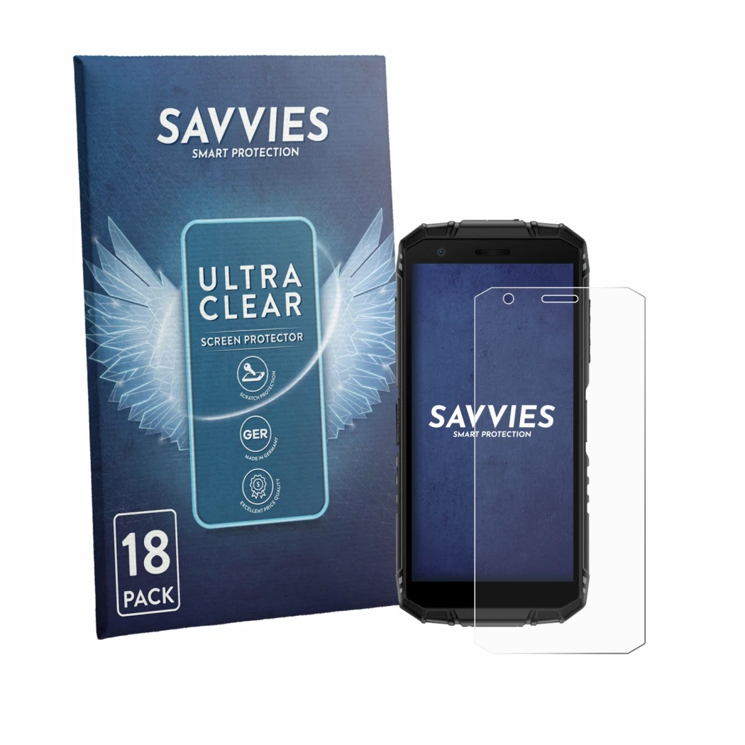 Parte frontale di una confezione del prodotto con il logo del marchio Savvies. Accanto è raffigurato il dispositivo Doogee Fir