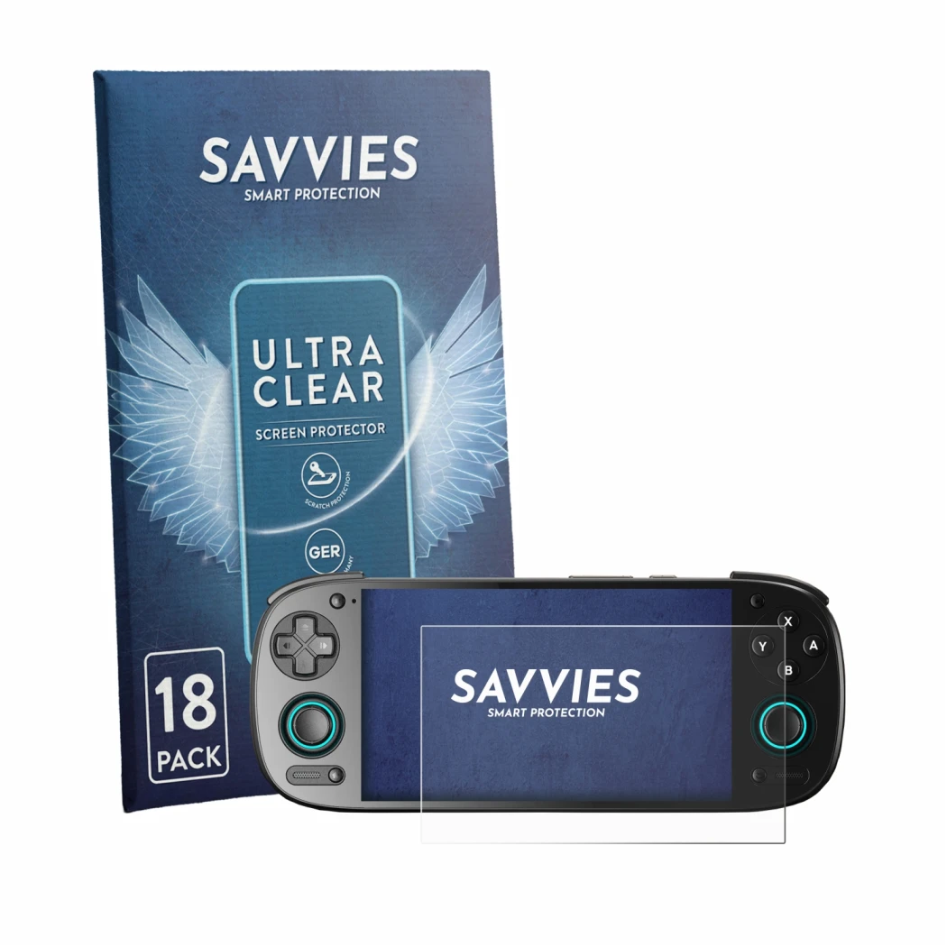 Parte frontale di una confezione del prodotto con il logo del marchio Savvies. Accanto è raffigurato il dispositivo Retroid Po