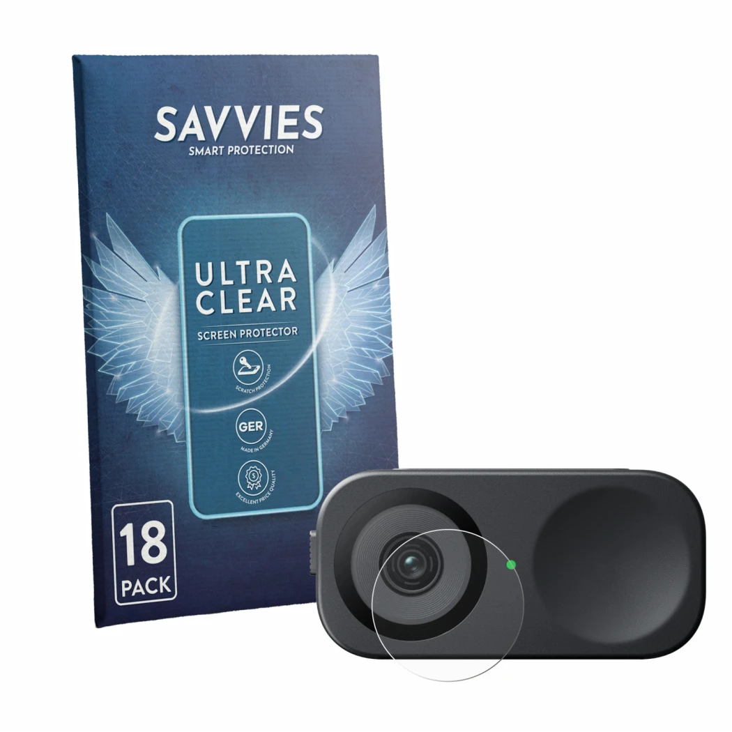 Parte frontale di una confezione del prodotto con il logo del marchio Savvies. Accanto è raffigurato il dispositivo Insta360 L