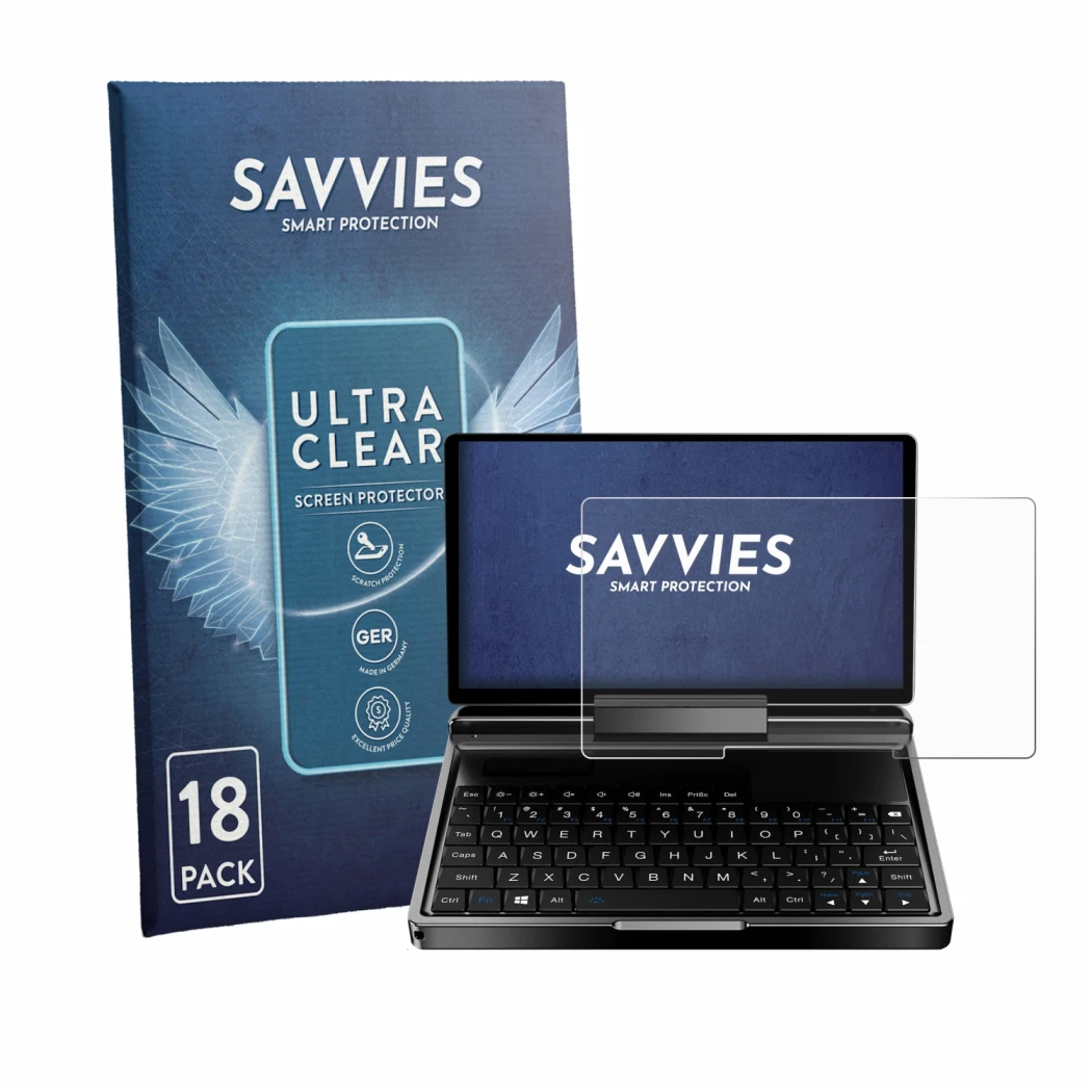 Parte frontale di una confezione del prodotto con il logo del marchio Savvies. Accanto è raffigurato il dispositivo GPD MicroP