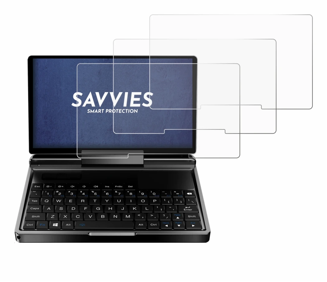 Immagine del dispositivo GPD MicroPC 2 con un'ampia varietà di protezioni per lo schermo.