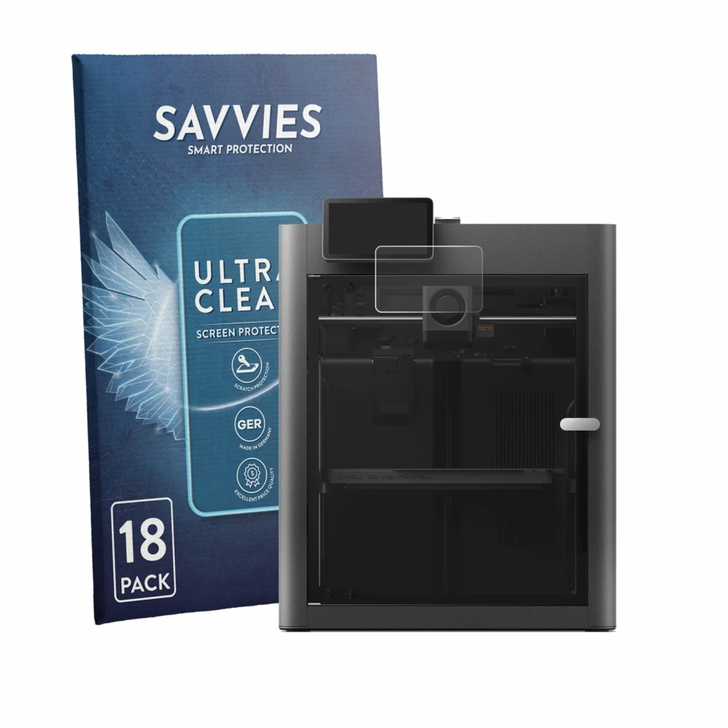 Parte frontale di una confezione del prodotto con il logo del marchio Savvies. Accanto è raffigurato il dispositivo Bambu Lab 