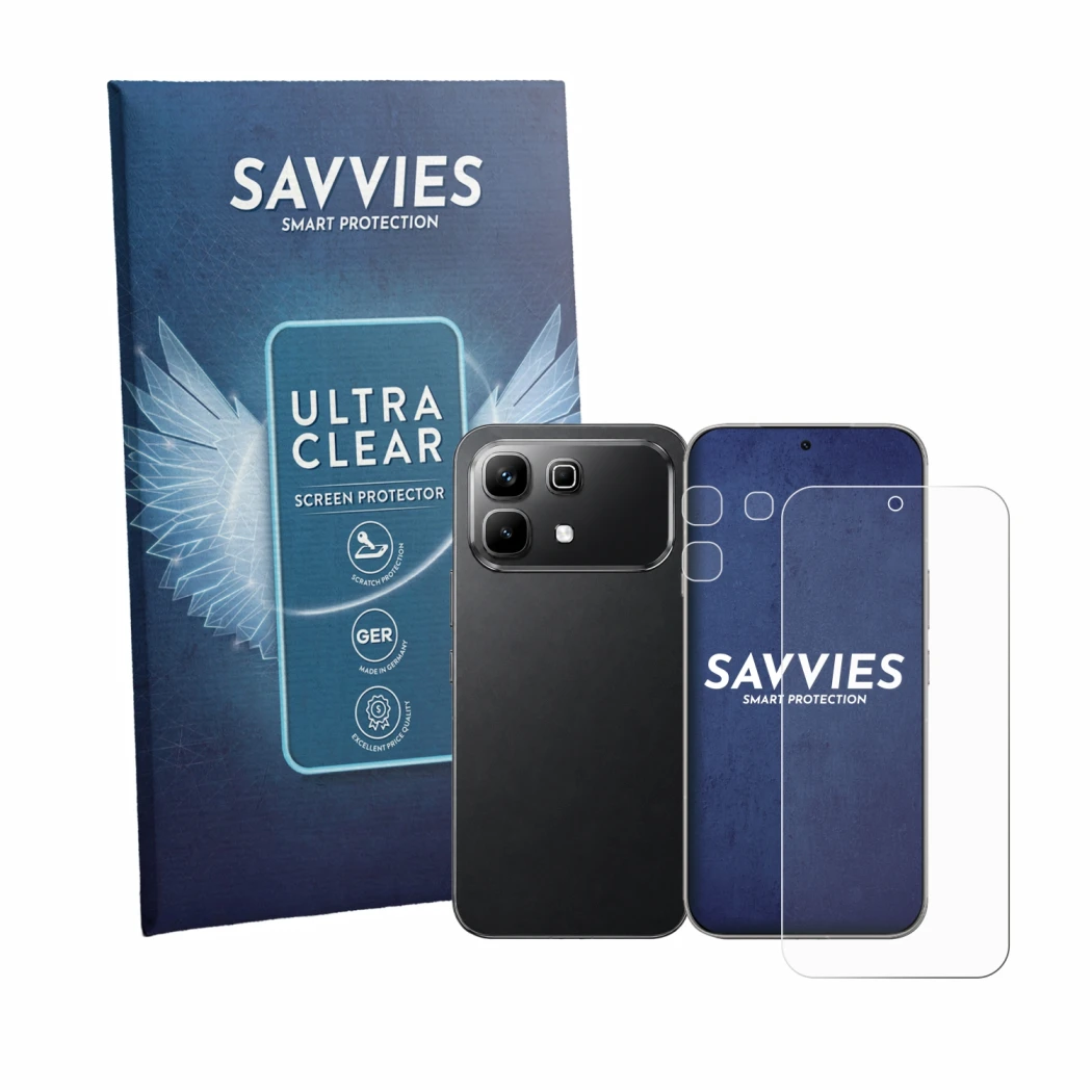 Parte frontale di una confezione del prodotto con il logo del marchio Savvies. Accanto è raffigurato il dispositivo Infinix No