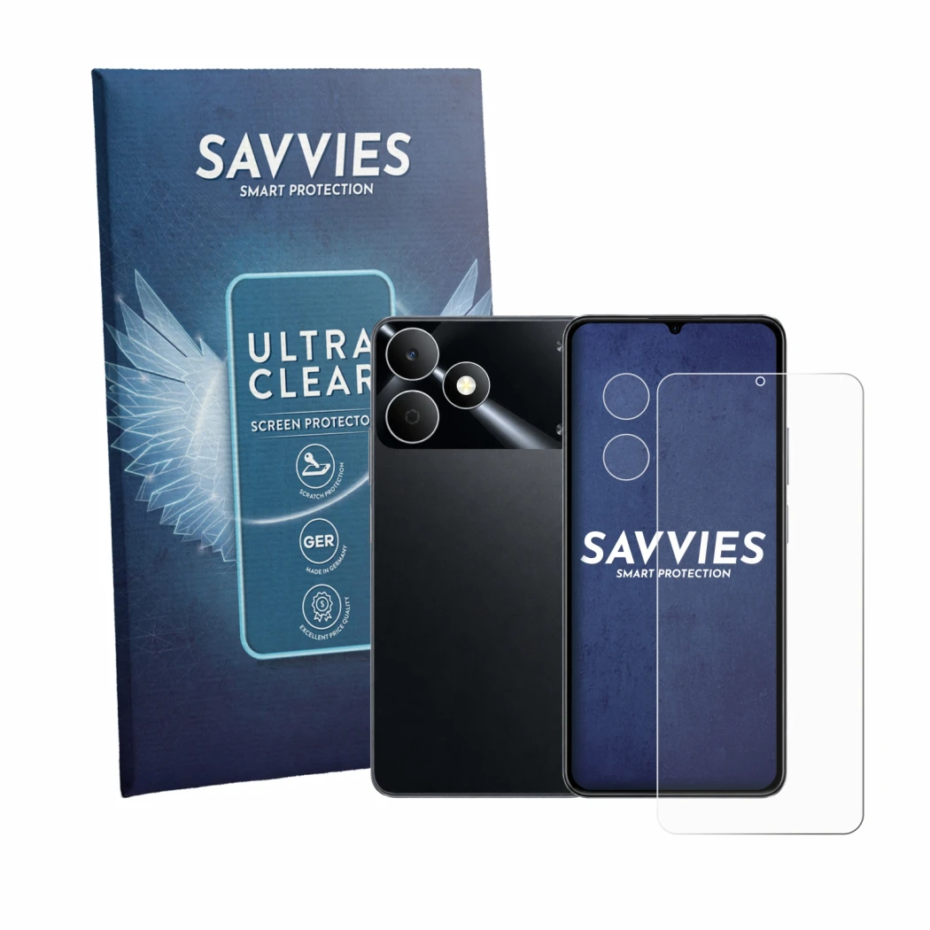 Parte frontale di una confezione del prodotto con il logo del marchio Savvies. Accanto è raffigurato il dispositivo realme Not