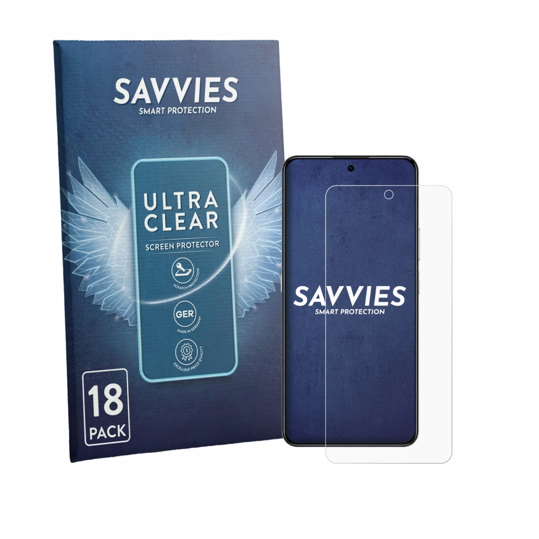 Parte frontale di una confezione del prodotto con il logo del marchio Savvies. Accanto è raffigurato il dispositivo Honor X8d 