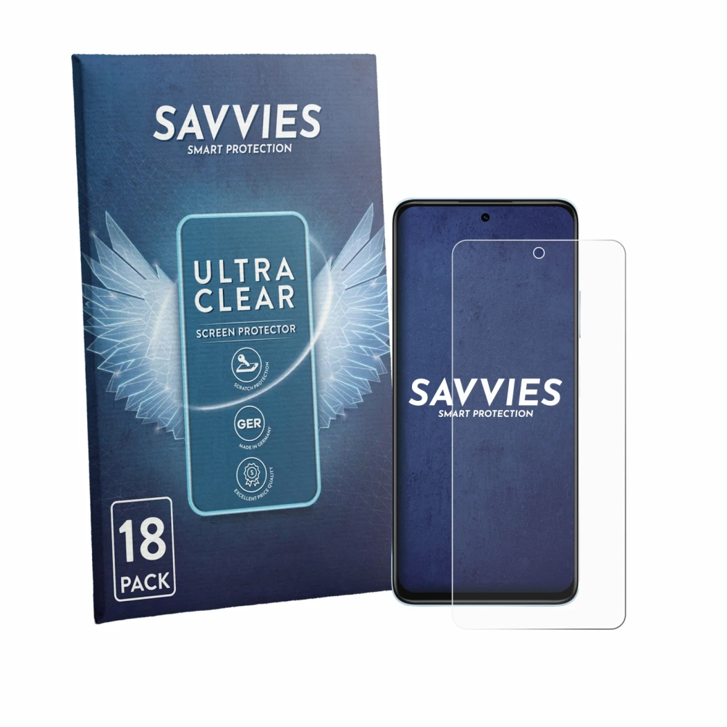 Parte frontale di una confezione del prodotto con il logo del marchio Savvies. Accanto è raffigurato il dispositivo Huawei Nov