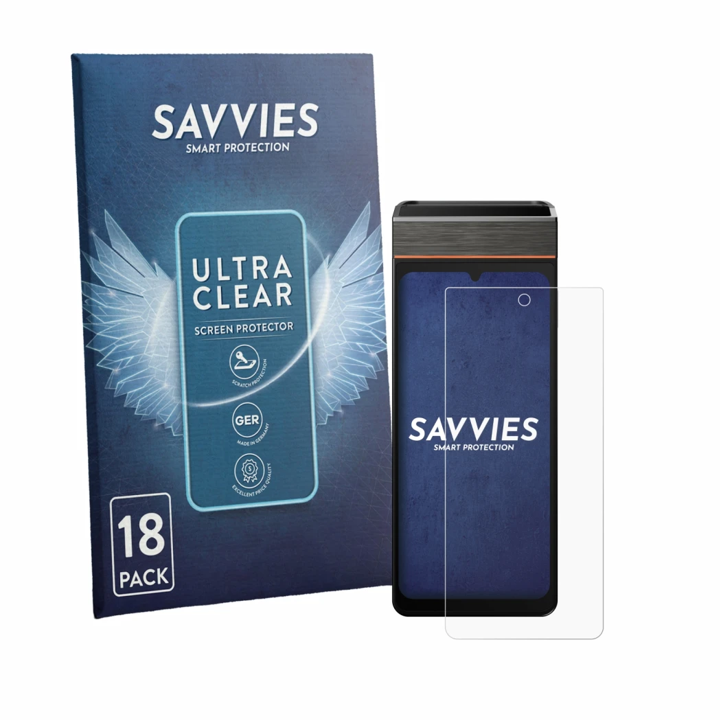 Parte frontale di una confezione del prodotto con il logo del marchio Savvies. Accanto è raffigurato il dispositivo Sunmi V3e 