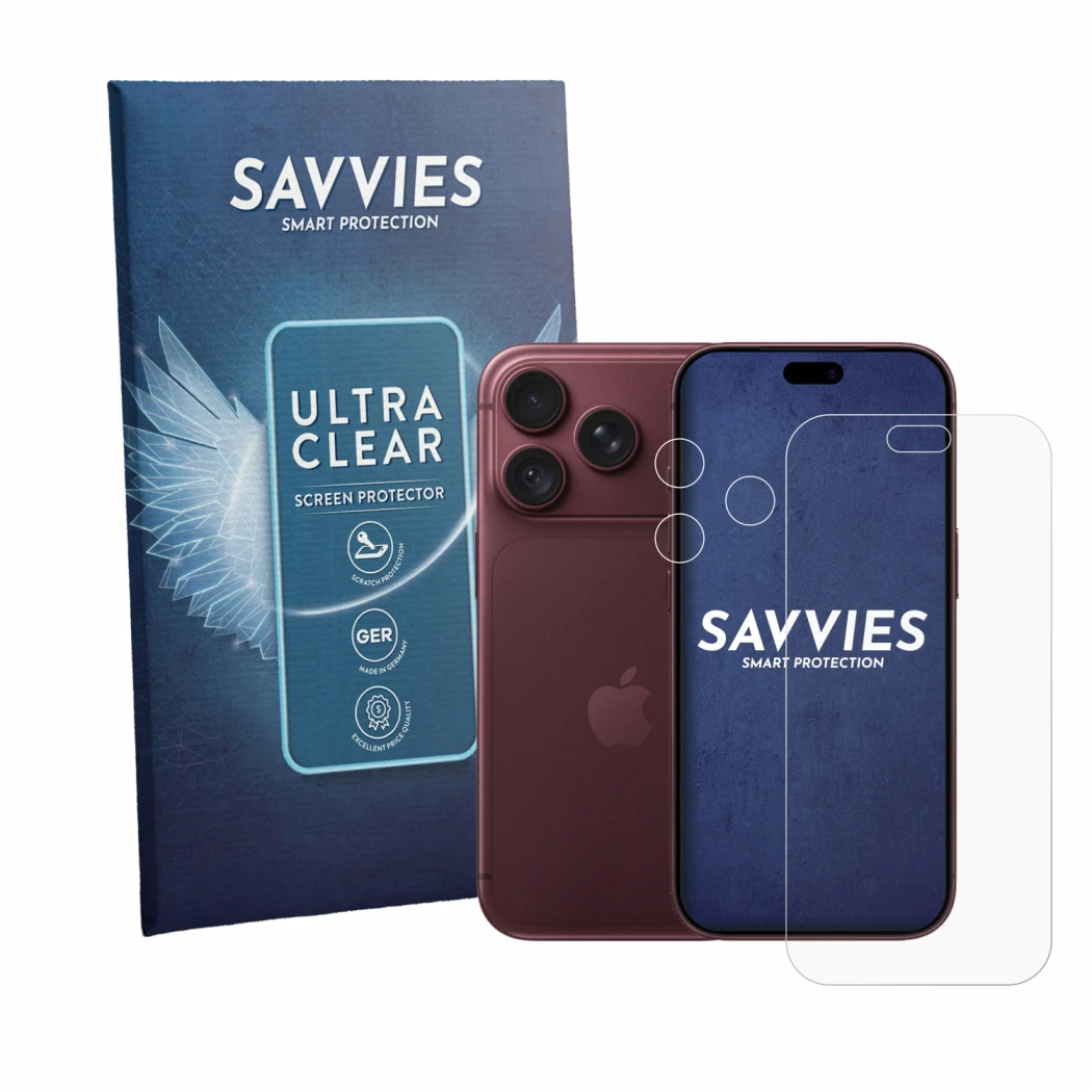 Parte frontale di una confezione del prodotto con il logo del marchio Savvies. Accanto è raffigurato il dispositivo Apple iPho