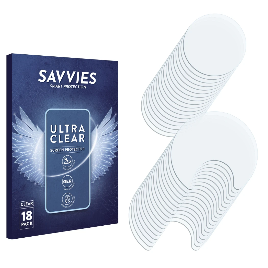 Parte frontale di una confezione del prodotto con il logo del marchio Savvies. Accanto si trova la protezione per lo schermo c