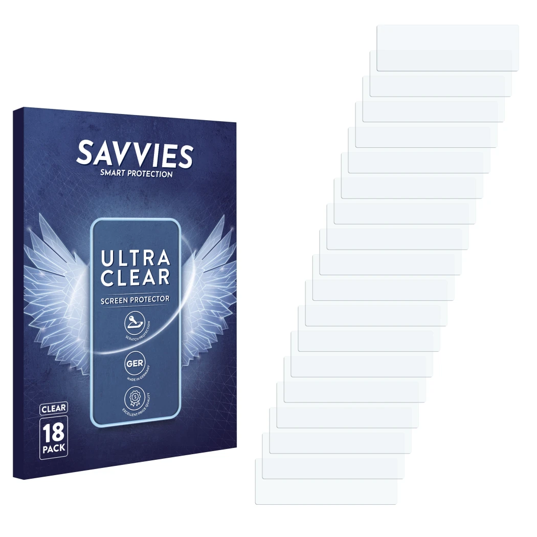 Parte frontale di una confezione del prodotto con il logo del marchio Savvies. Accanto si trova la protezione per lo schermo c
