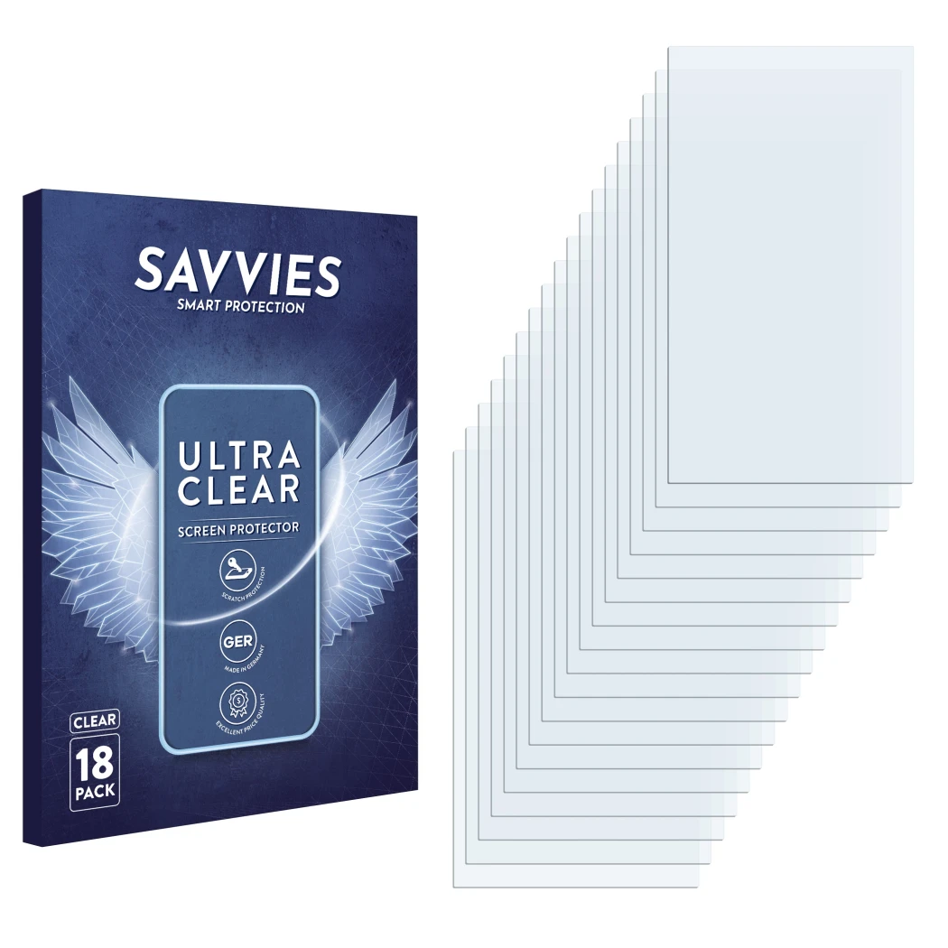 Parte frontale di una confezione del prodotto con il logo del marchio Savvies. Accanto si trova la protezione per lo schermo c