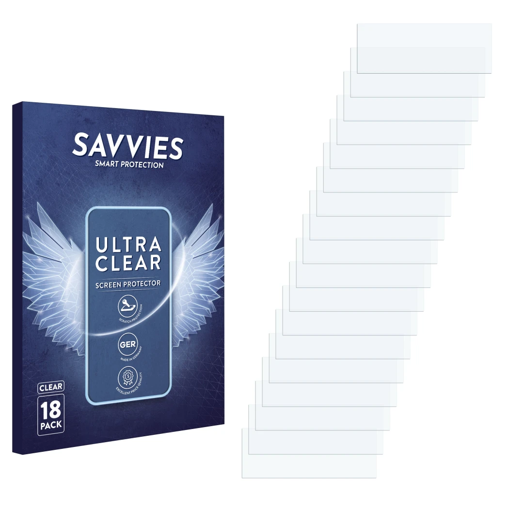 Parte frontale di una confezione del prodotto con il logo del marchio Savvies. Accanto si trova la protezione per lo schermo c
