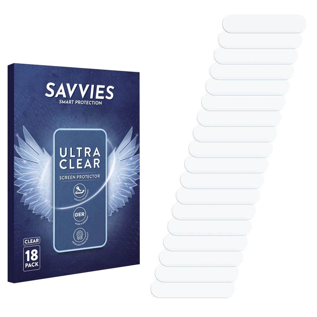 Parte frontale di una confezione del prodotto con il logo del marchio Savvies. Accanto si trova la protezione per lo schermo c