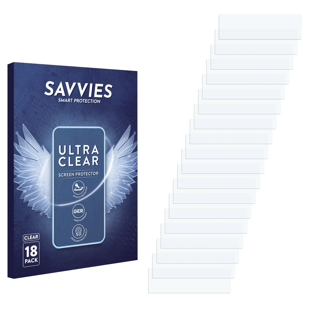 Parte frontale di una confezione del prodotto con il logo del marchio Savvies. Accanto si trova la protezione per lo schermo c