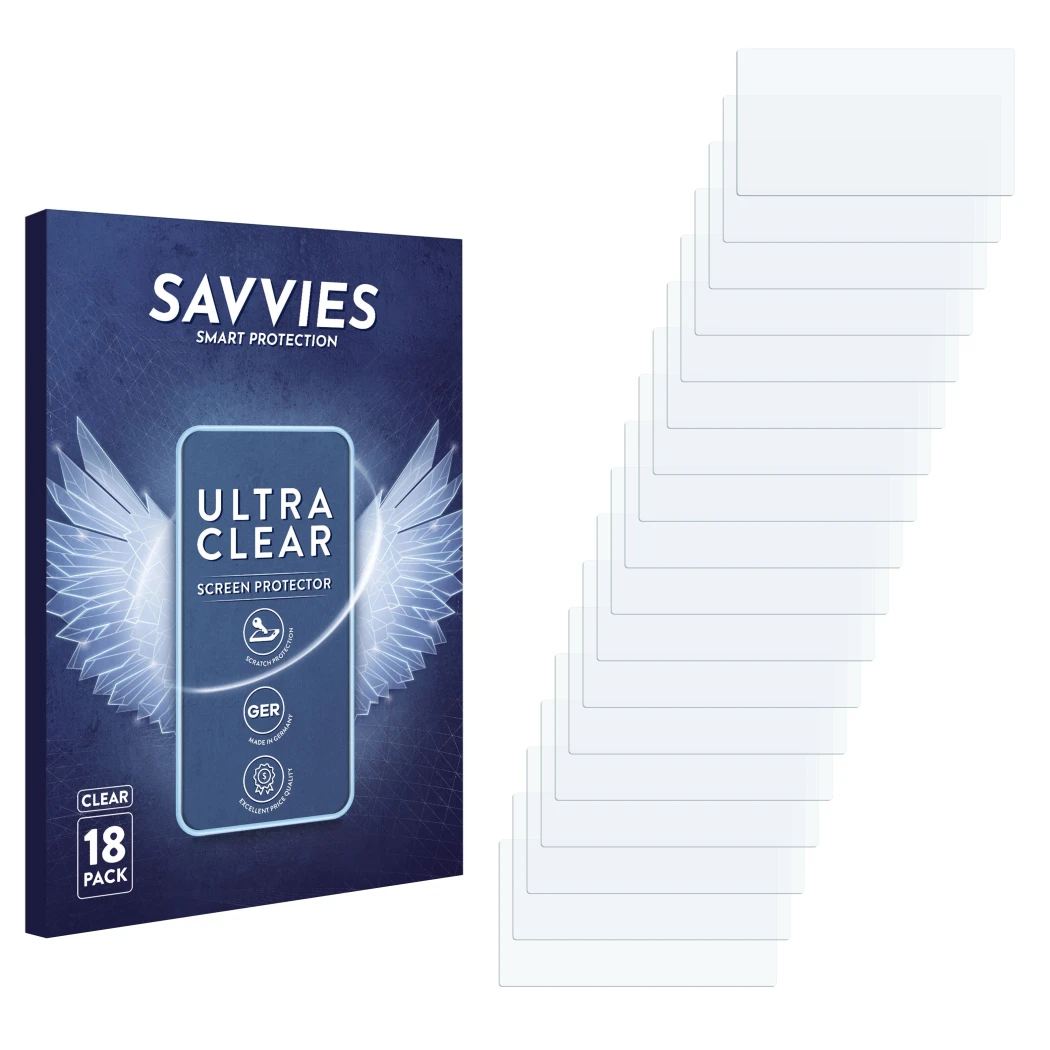 Parte frontale di una confezione del prodotto con il logo del marchio Savvies. Accanto si trova la protezione per lo schermo c