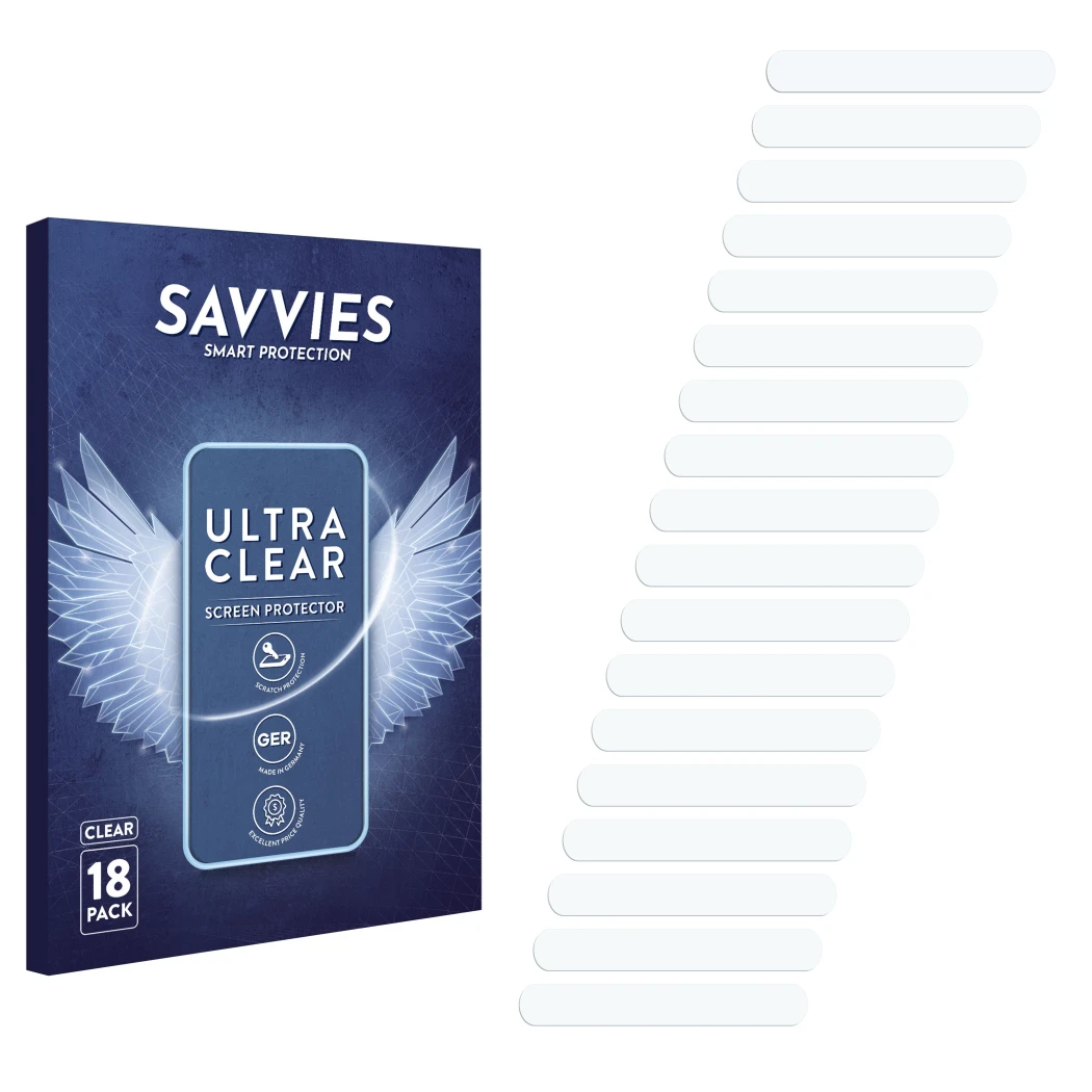 Parte frontale di una confezione del prodotto con il logo del marchio Savvies. Accanto si trova la protezione per lo schermo c