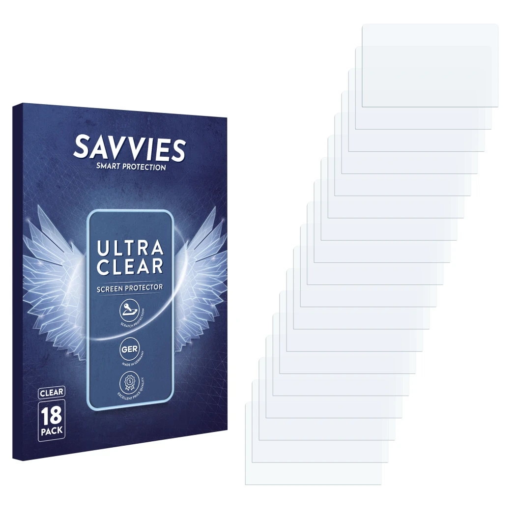 Parte frontale di una confezione del prodotto con il logo del marchio Savvies. Accanto si trova la protezione per lo schermo c