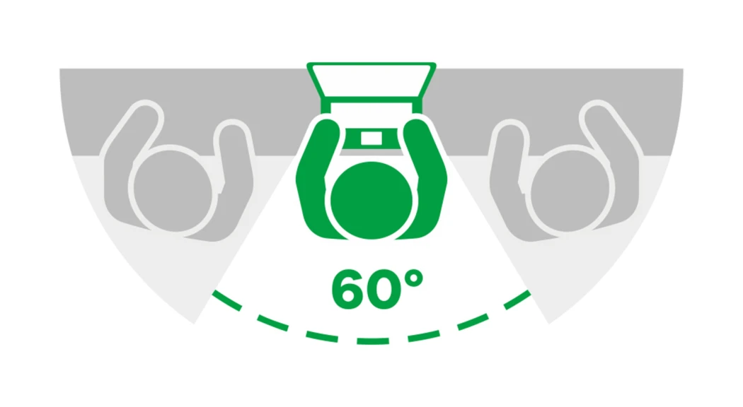 Immagine simbolica con dispositivo e filtro privacy: area visibile di 60°, 30° bloccati su ciascun lato.