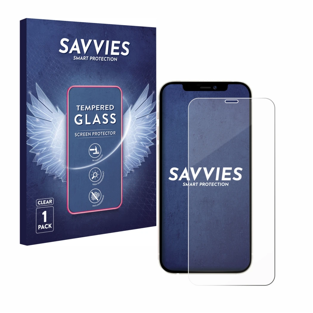 Parte frontale di una confezione del prodotto con il logo del marchio Savvies. Accanto è raffigurato il dispositivo Apple iPho