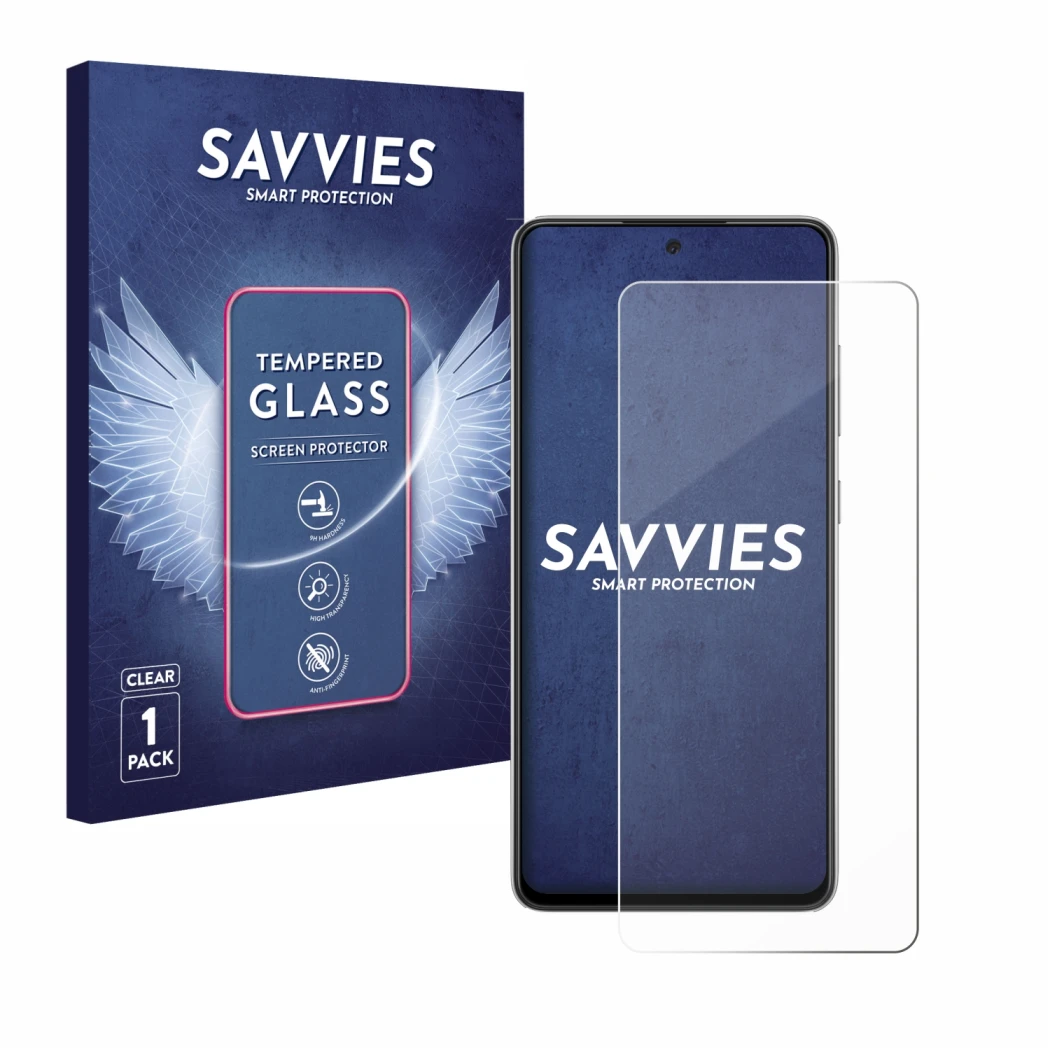 Parte frontale di una confezione del prodotto con il logo del marchio Savvies. Accanto è raffigurato il dispositivo Samsung Ga