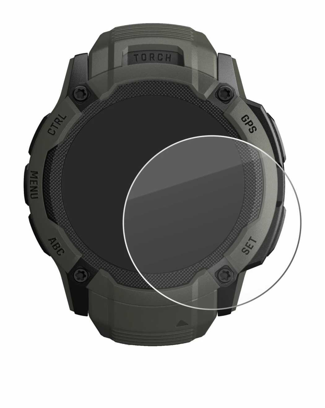 Immagine del dispositivo Garmin Instinct 2X Solar con un'ampia varietà di protezioni per lo schermo.