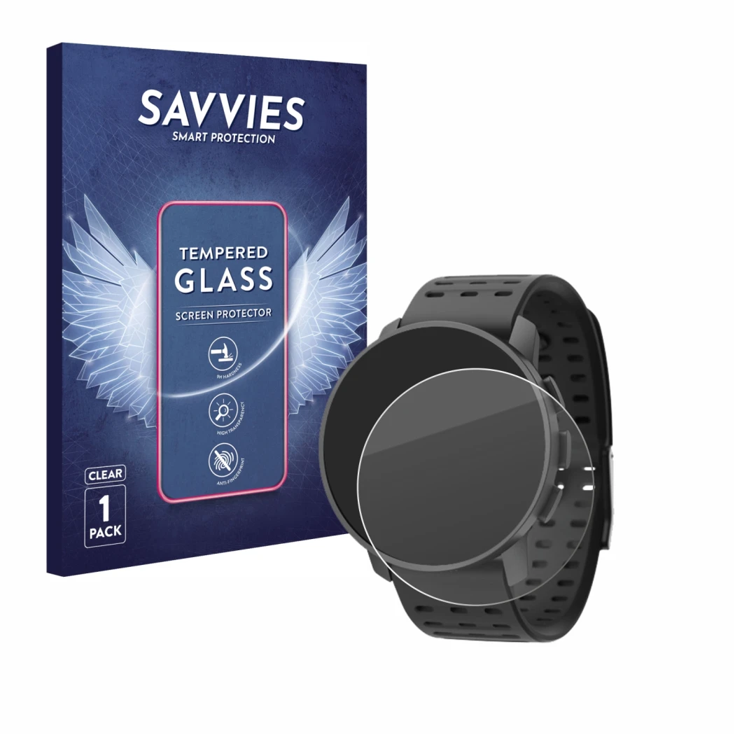 Parte frontale di una confezione del prodotto con il logo del marchio Savvies. Accanto è raffigurato il dispositivo Suunto 9 P