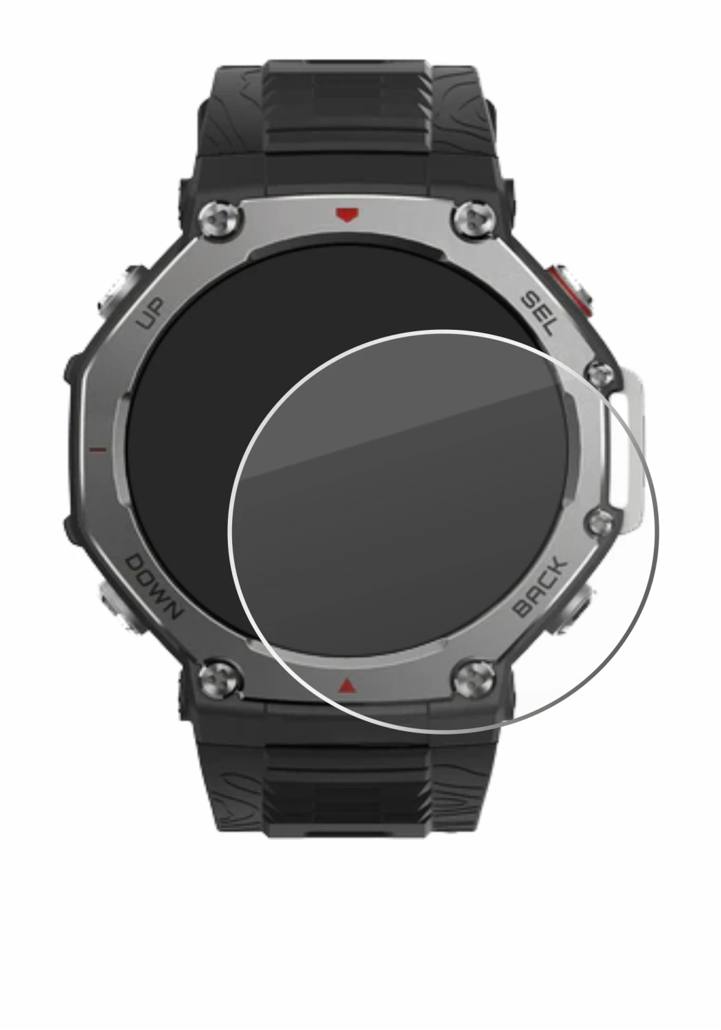Immagine del dispositivo Huami Amazfit T-Rex 3 con un'ampia varietà di protezioni per lo schermo.