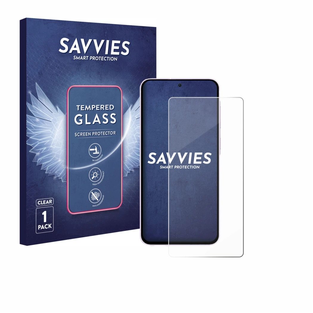 Parte frontale di una confezione del prodotto con il logo del marchio Savvies. Accanto è raffigurato il dispositivo Samsung Ga