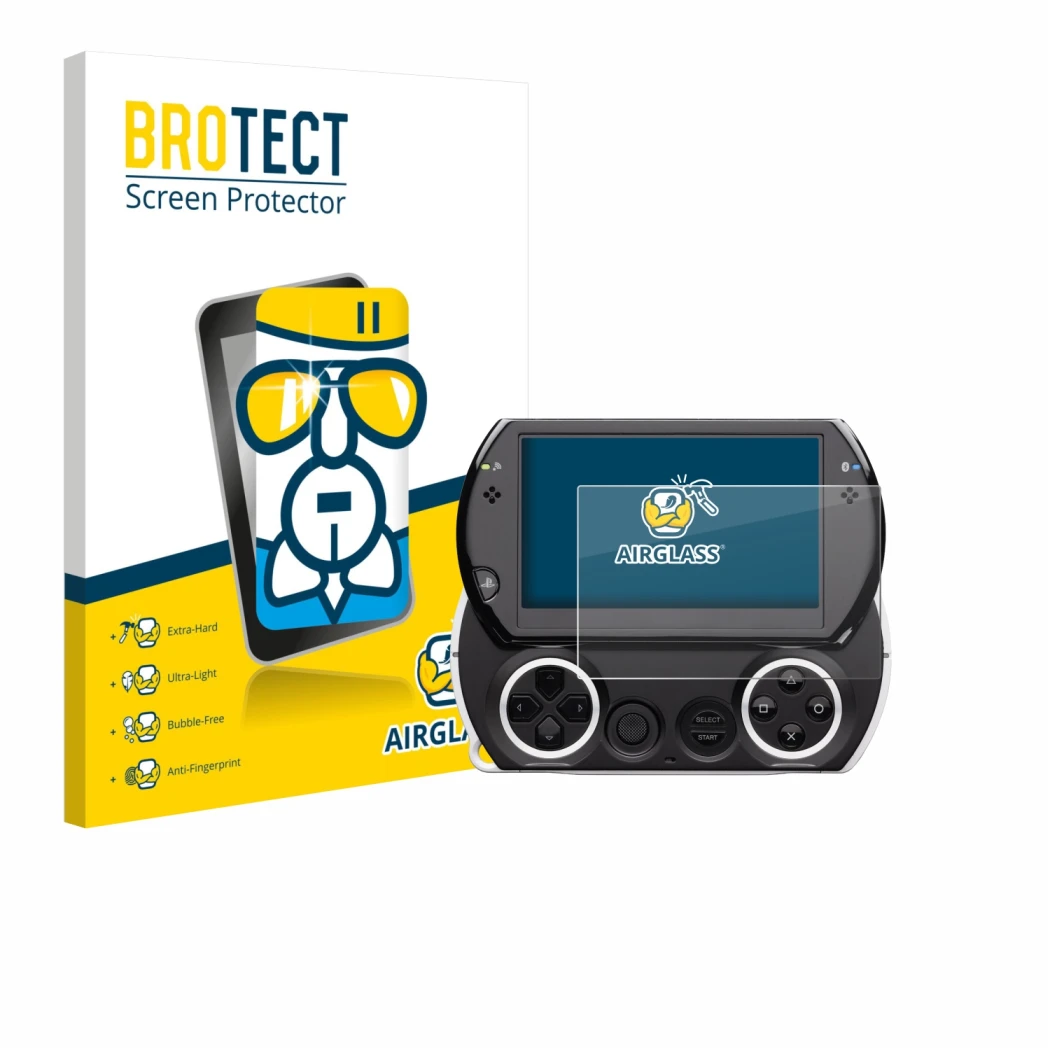 Parte frontale di una confezione del prodotto con il logo del marchio BROTECT. Accanto è raffigurato il dispositivo Sony PSP G