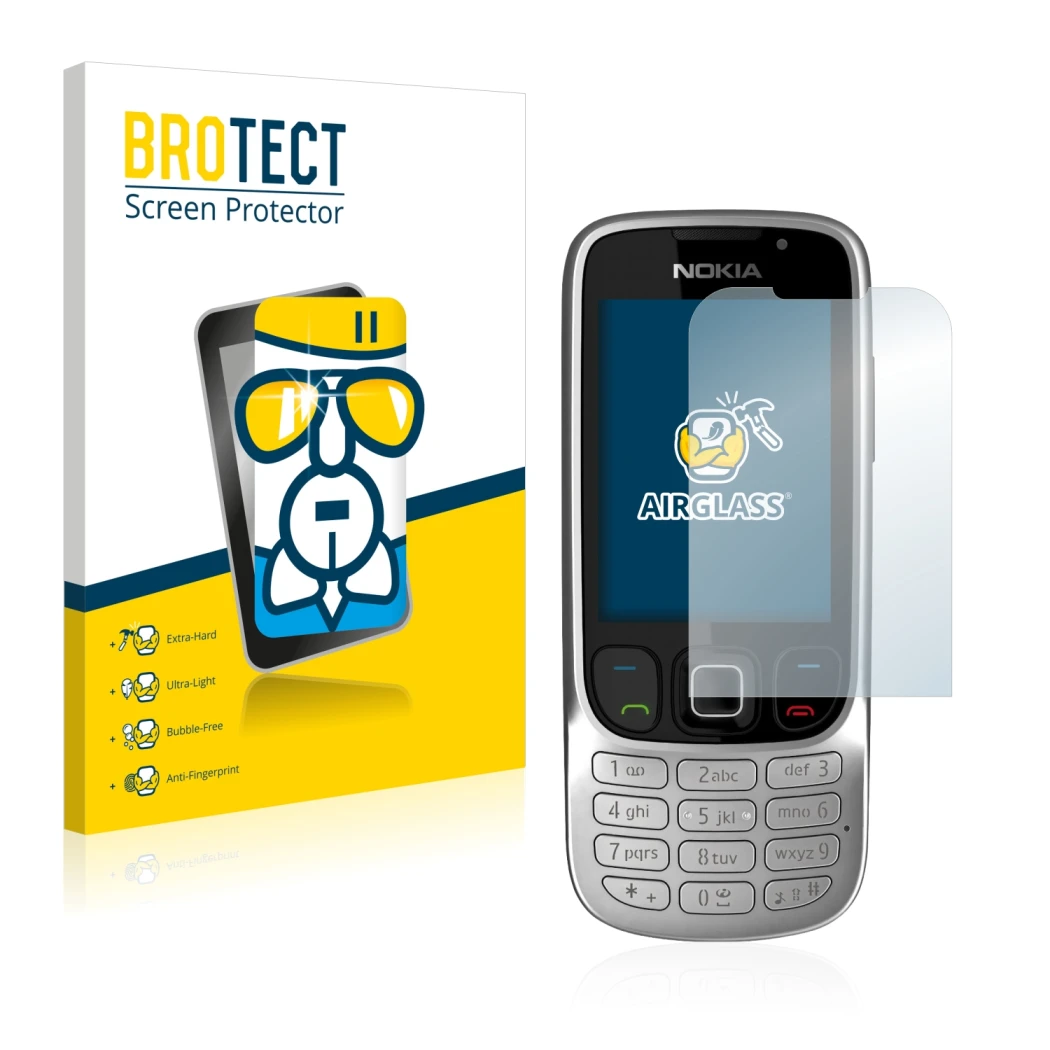 Parte frontale di una confezione del prodotto con il logo del marchio BROTECT. Accanto è raffigurato il dispositivo Nokia 6303