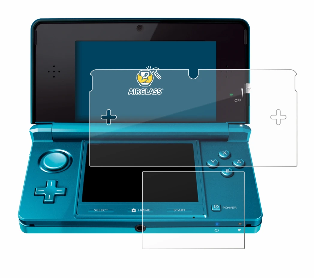 Immagine del dispositivo Nintendo 3DS con un'ampia varietà di protezioni per lo schermo.
