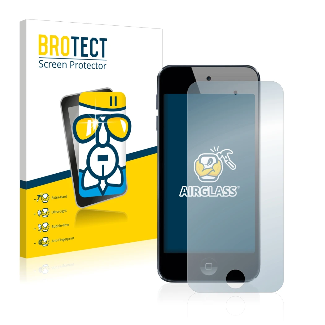 Parte frontale di una confezione del prodotto con il logo del marchio BROTECT. Accanto è raffigurato il dispositivo Apple iPod