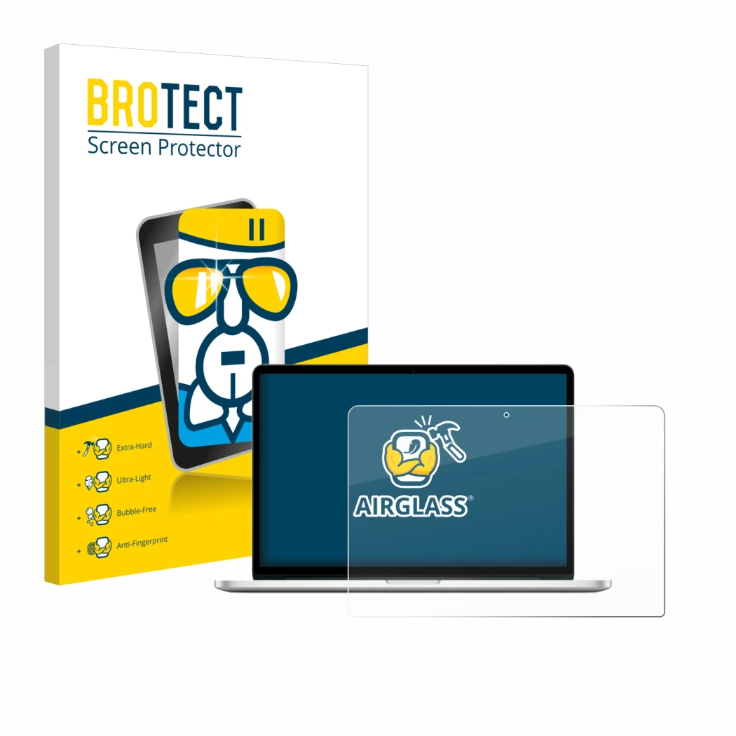 Parte frontale di una confezione del prodotto con il logo del marchio BROTECT. Accanto è raffigurato il dispositivo Apple MacB