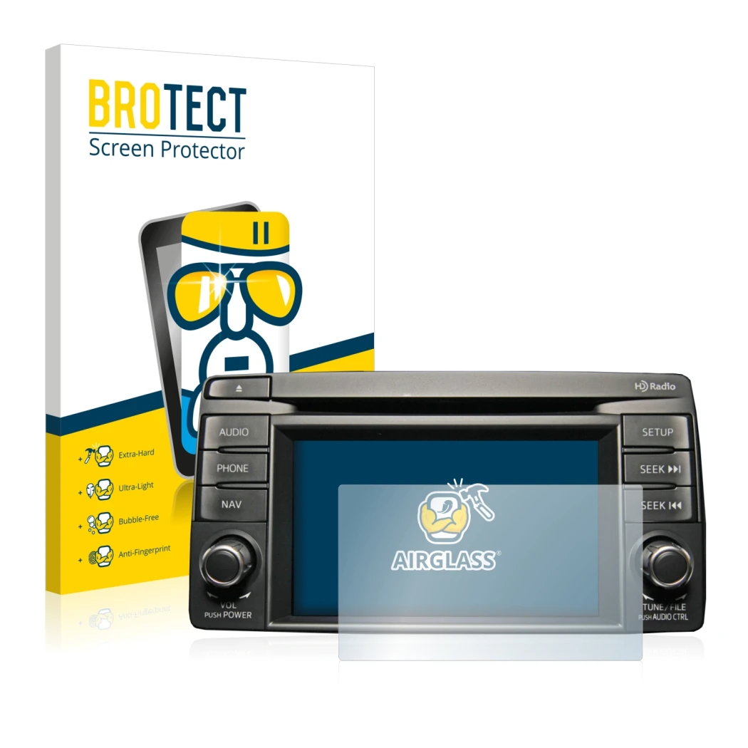 Parte frontale di una confezione del prodotto con il logo del marchio BROTECT. Accanto è raffigurato il dispositivo Mazda CX-5