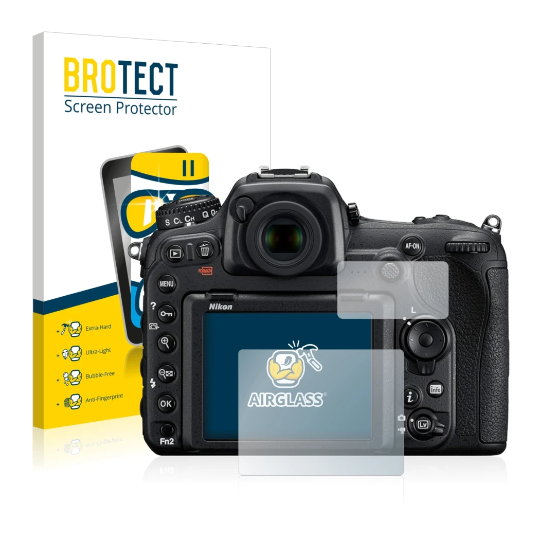 Parte frontale di una confezione del prodotto con il logo del marchio BROTECT. Accanto è raffigurato il dispositivo Nikon D500