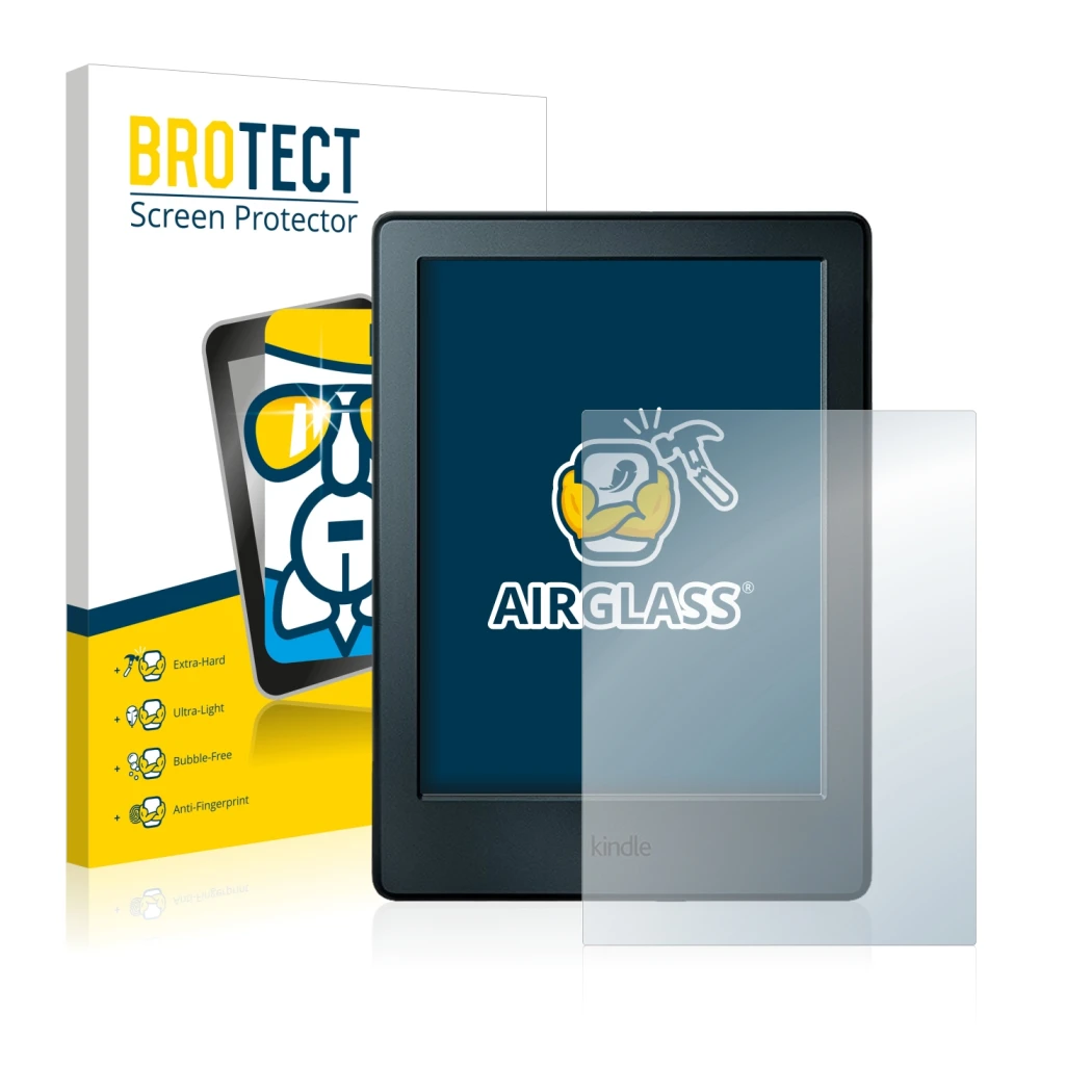 Parte frontale di una confezione del prodotto con il logo del marchio BROTECT. Accanto è raffigurato il dispositivo Amazon Kin