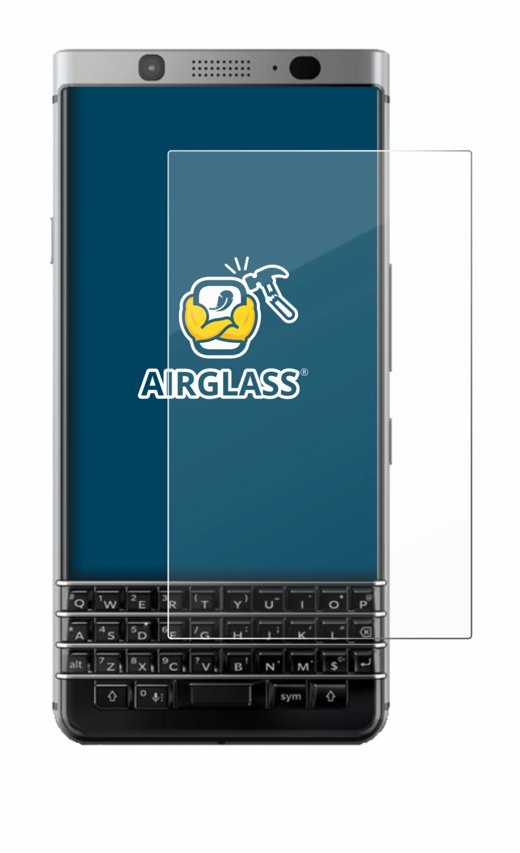 Immagine del dispositivo BlackBerry Keyone con un'ampia varietà di protezioni per lo schermo.