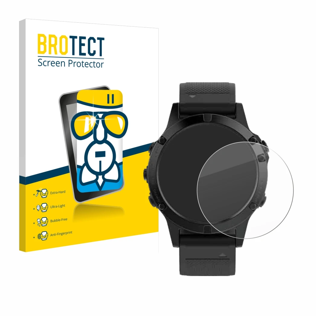 Parte frontale di una confezione del prodotto con il logo del marchio BROTECT. Accanto è raffigurato il dispositivo Garmin Fen