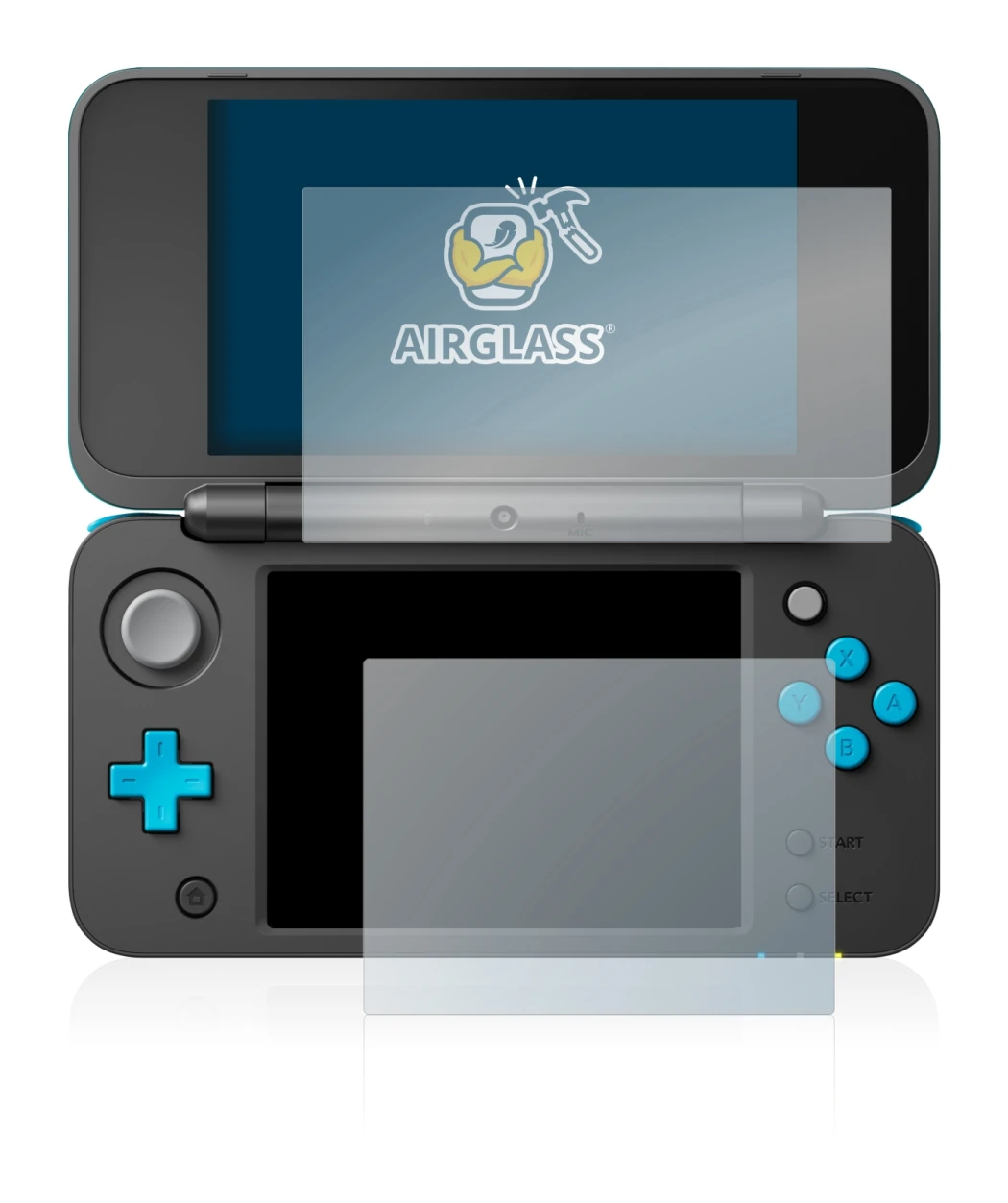 Immagine del dispositivo Nintendo 2DS XL con un'ampia varietà di protezioni per lo schermo.