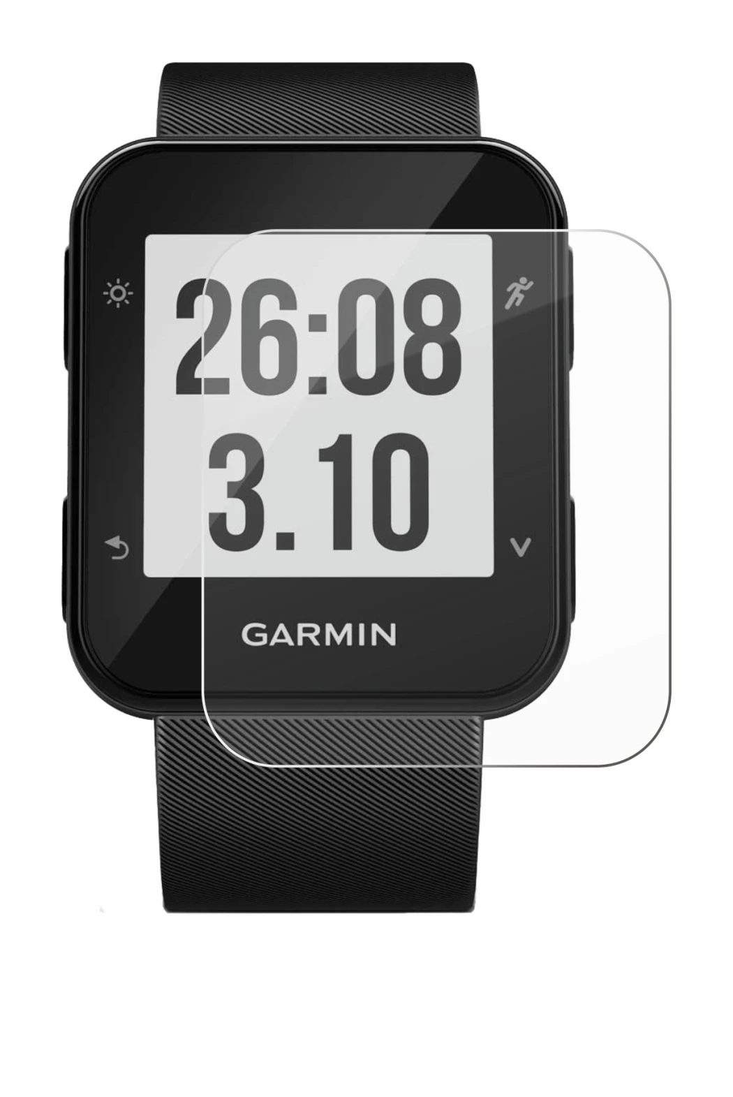 Immagine del dispositivo Garmin Forerunner 30 con un'ampia varietà di protezioni per lo schermo.