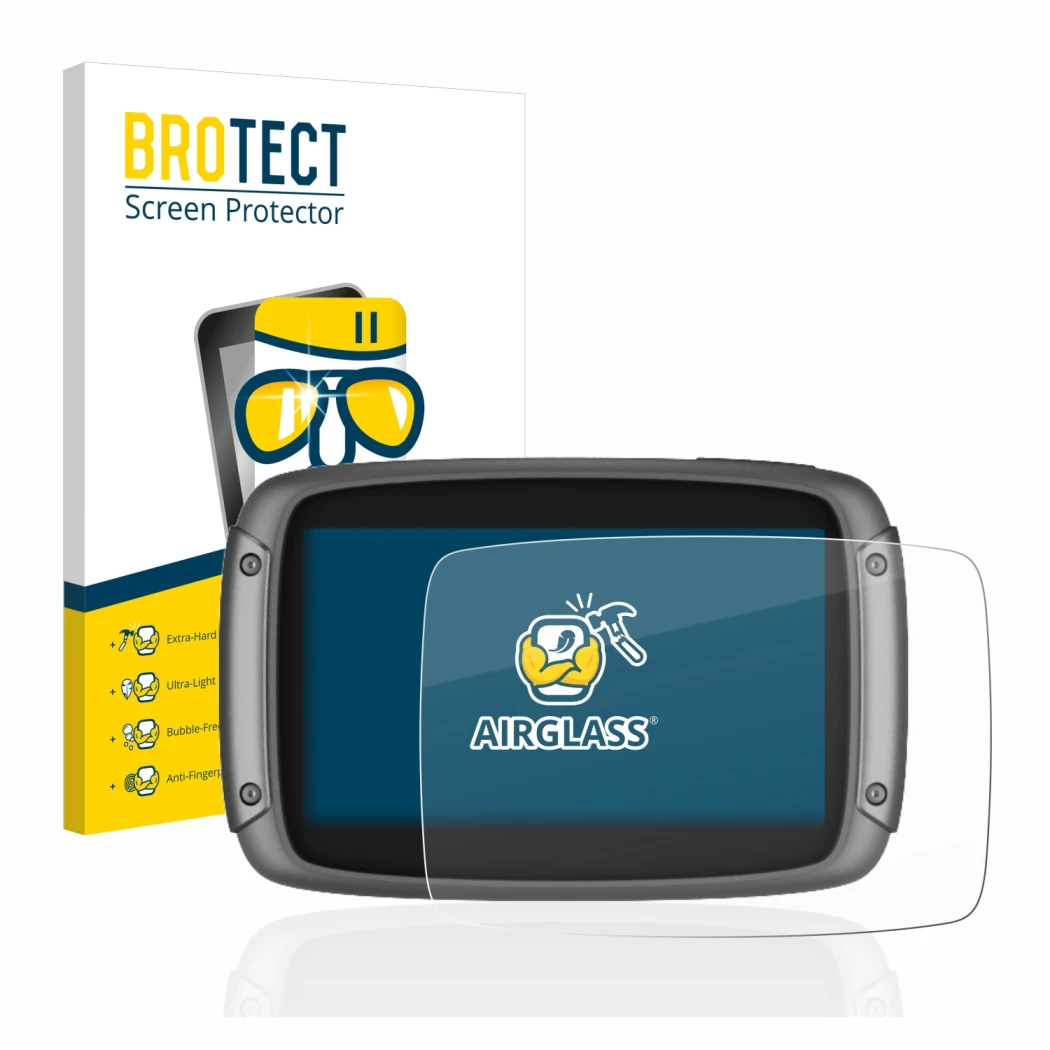 Parte frontale di una confezione del prodotto con il logo del marchio BROTECT. Accanto è raffigurato il dispositivo TomTom Rid