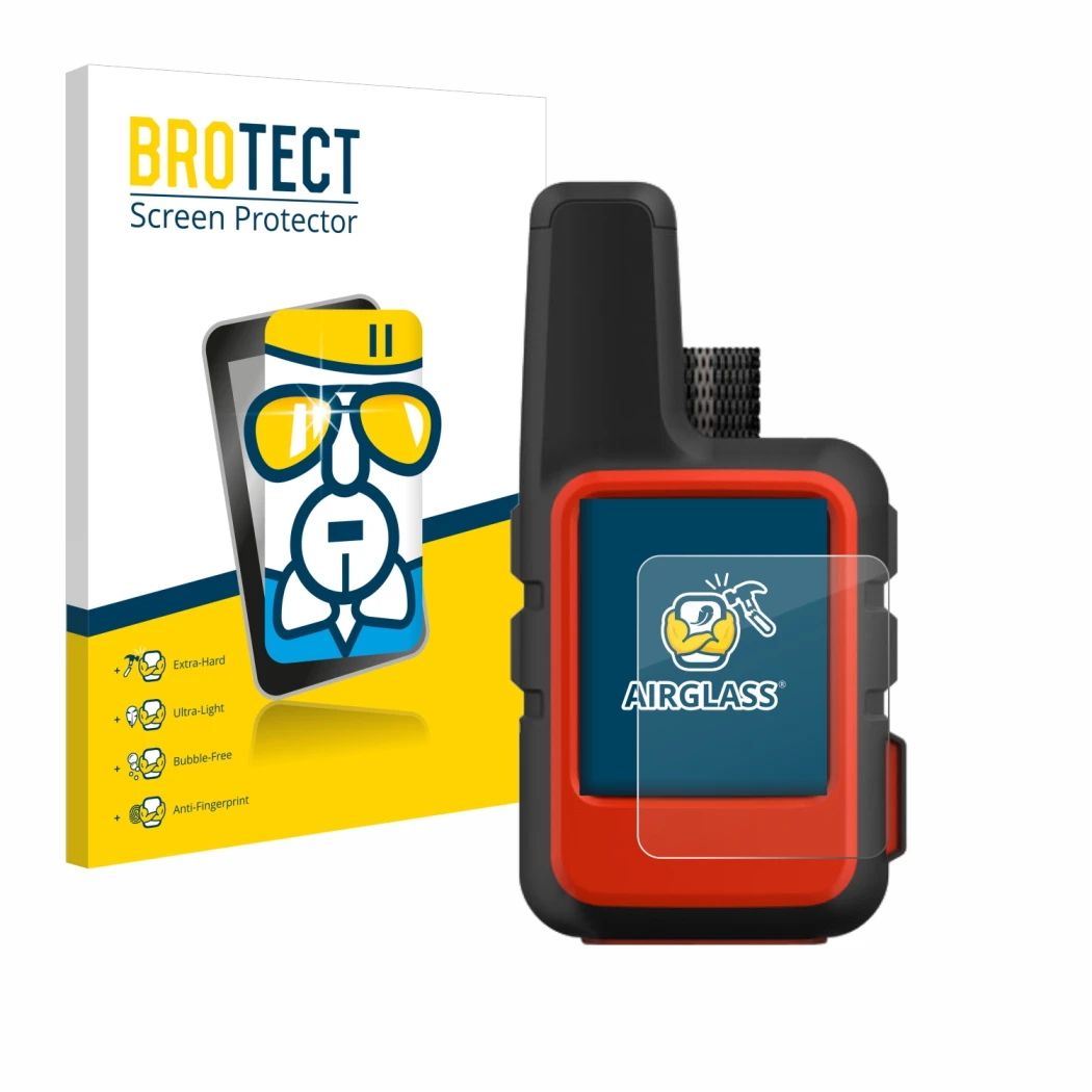 Parte frontale di una confezione del prodotto con il logo del marchio BROTECT. Accanto è raffigurato il dispositivo Garmin inR