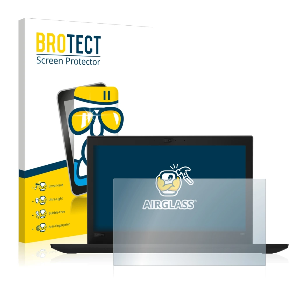 Parte frontale di una confezione del prodotto con il logo del marchio BROTECT. Accanto è raffigurato il dispositivo Lenovo Thi