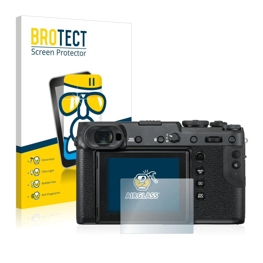 Parte frontale di una confezione del prodotto con il logo del marchio BROTECT. Accanto è raffigurato il dispositivo Fujifilm G