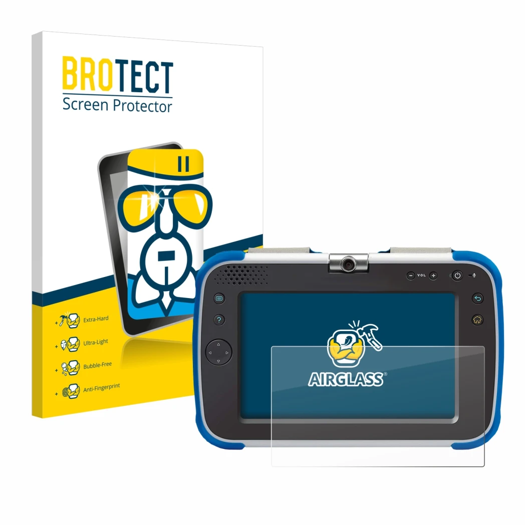 Parte frontale di una confezione del prodotto con il logo del marchio BROTECT. Accanto è raffigurato il dispositivo Vtech Stor