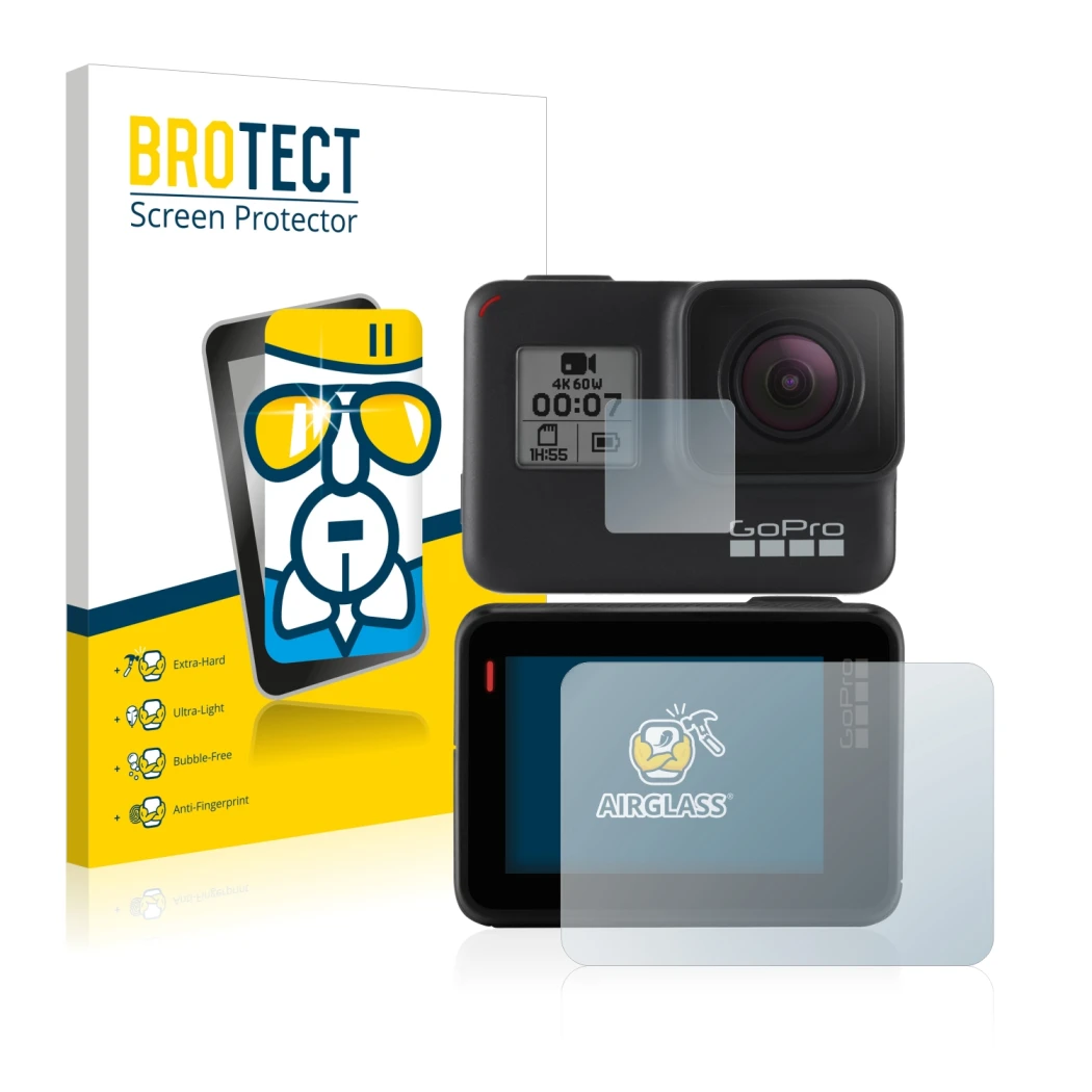 Parte frontale di una confezione del prodotto con il logo del marchio BROTECT. Accanto è raffigurato il dispositivo GoPro Hero