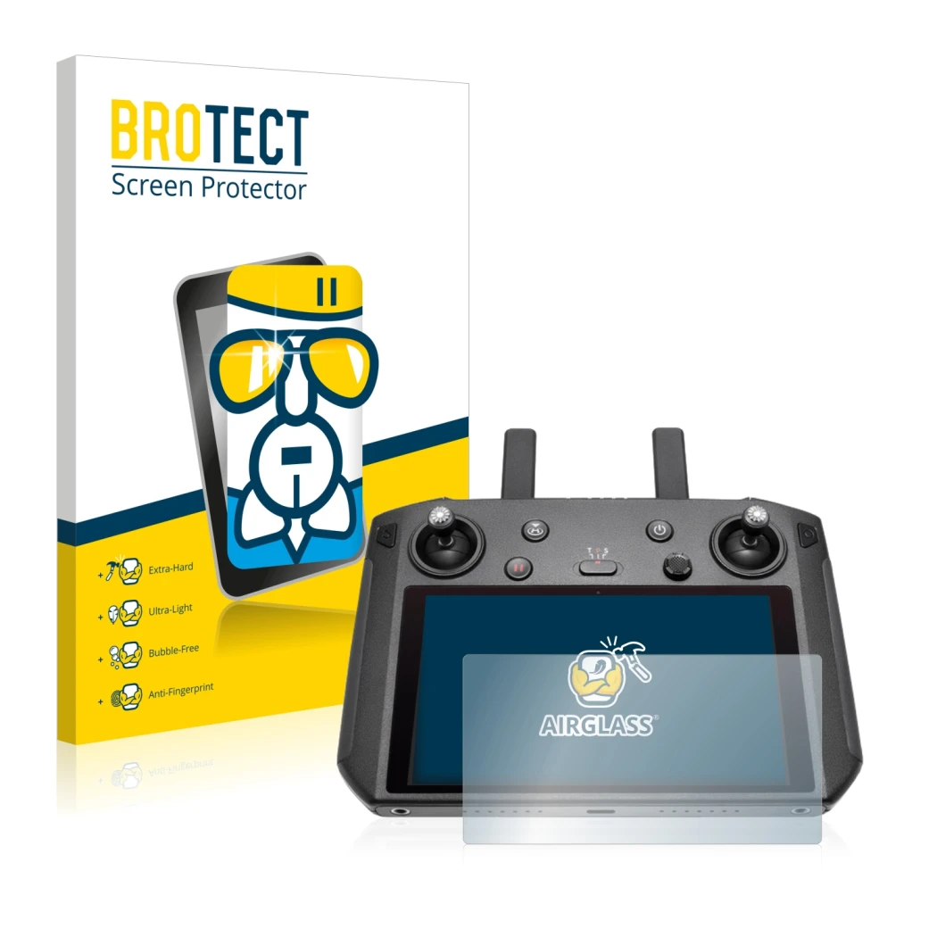 Parte frontale di una confezione del prodotto con il logo del marchio BROTECT. Accanto è raffigurato il dispositivo DJI Smart