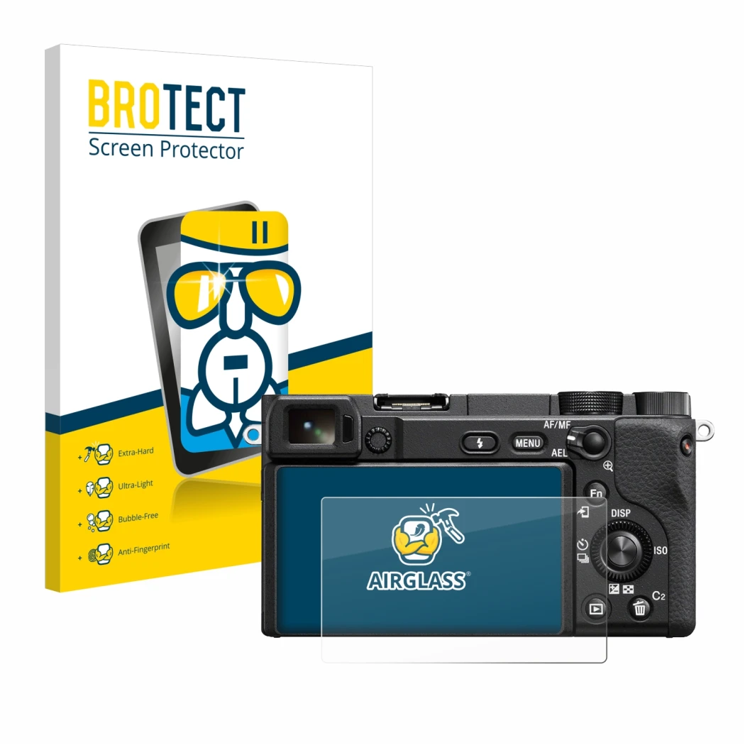 Parte frontale di una confezione del prodotto con il logo del marchio BROTECT. Accanto è raffigurato il dispositivo Sony Alpha