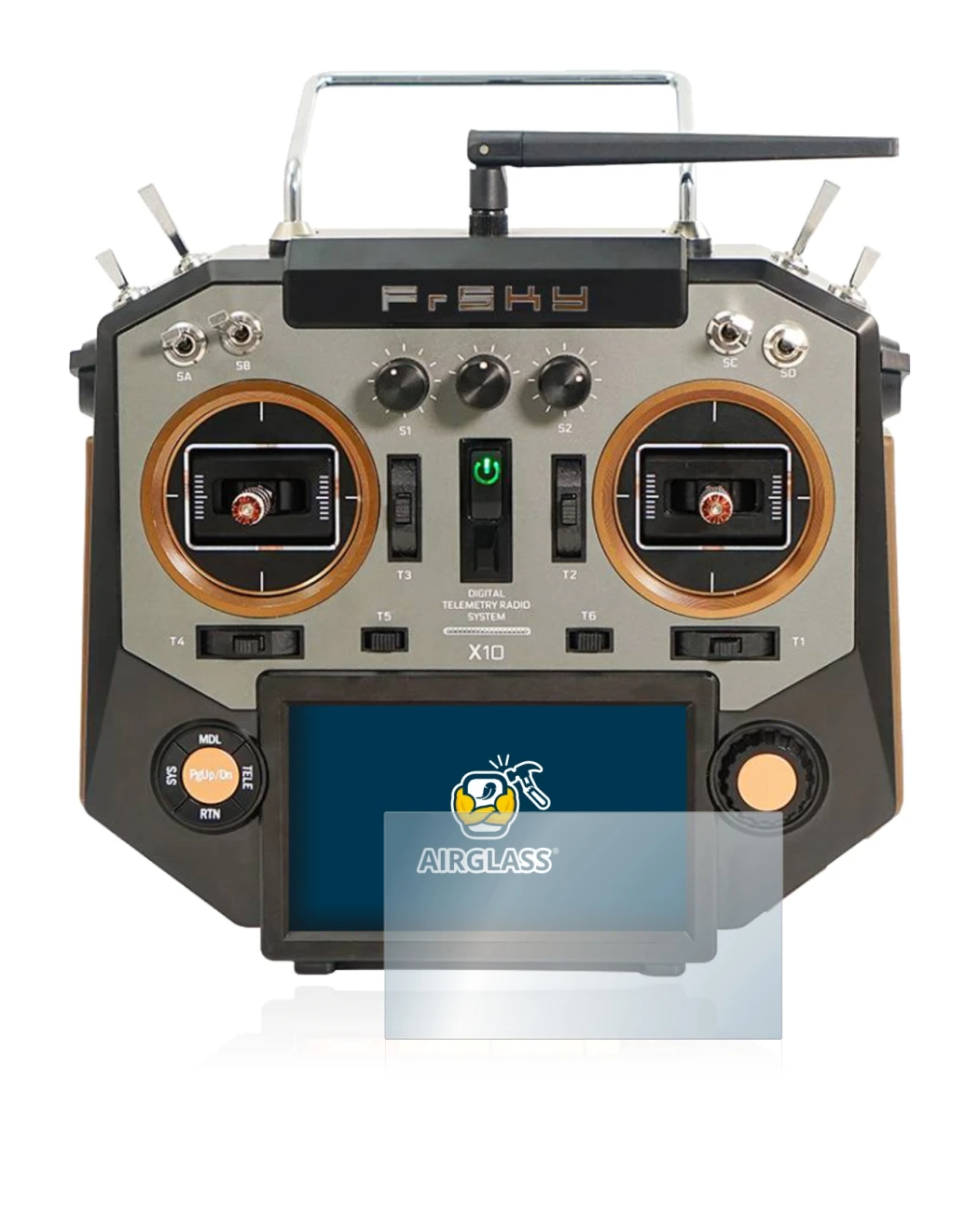 Immagine del dispositivo FrSky Horus X10 con un'ampia varietà di protezioni per lo schermo.