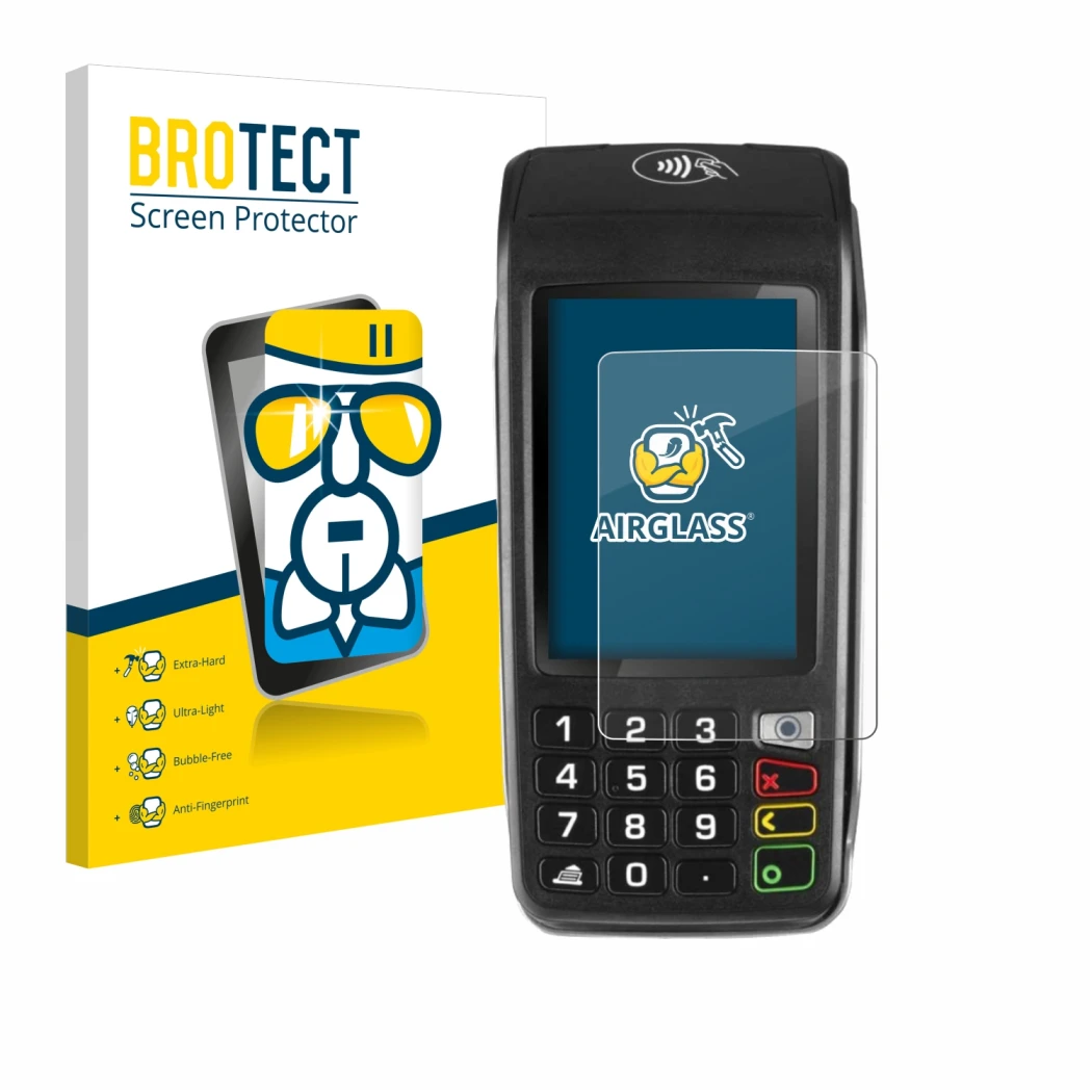 Parte frontale di una confezione del prodotto con il logo del marchio BROTECT. Accanto è raffigurato il dispositivo ingenico M